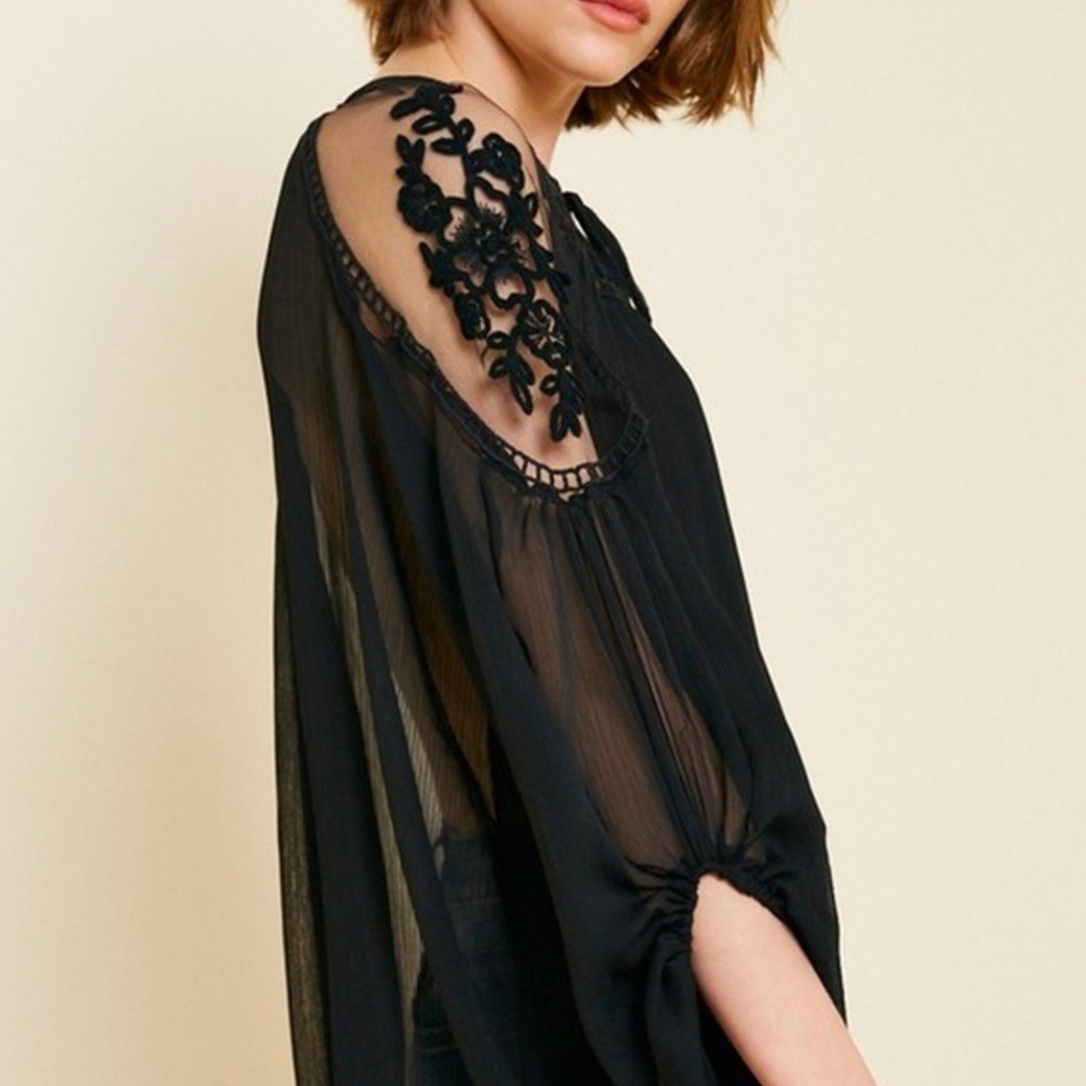 Elegant Black Lace Up Romantic Chiffon Blouse NEW - Picture 7 of 9